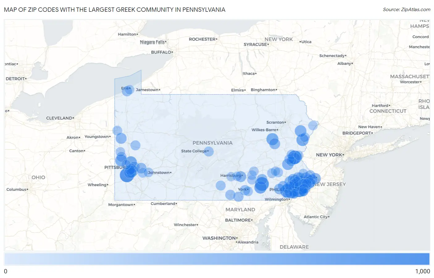 Zip Codes with the Largest Greek Community in Pennsylvania Map