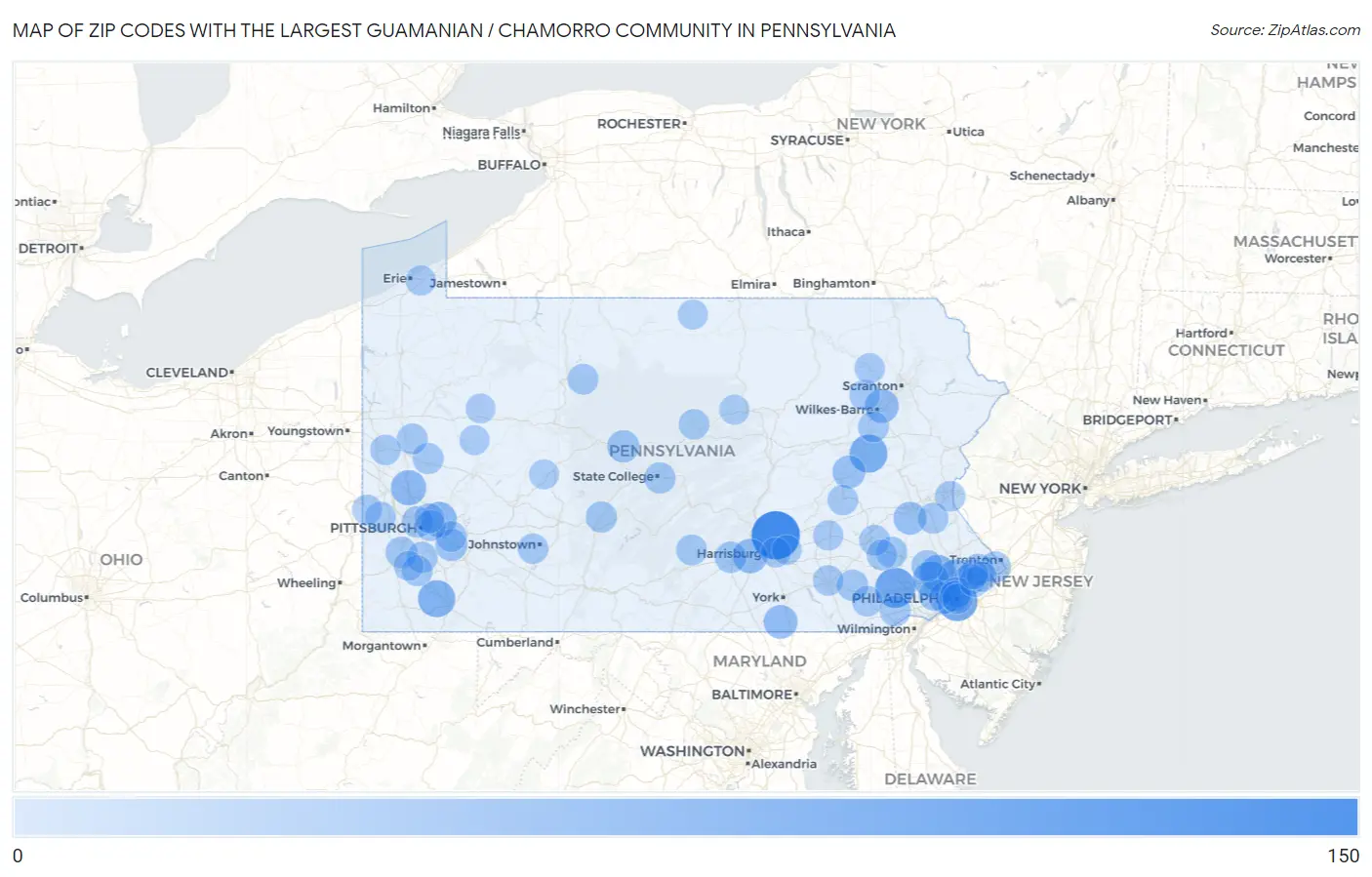 Zip Codes with the Largest Guamanian / Chamorro Community in Pennsylvania Map