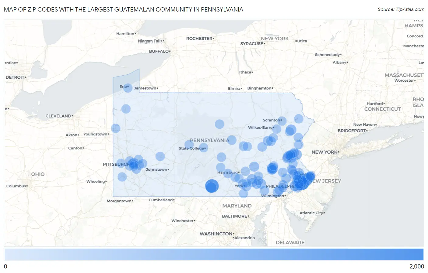 Zip Codes with the Largest Guatemalan Community in Pennsylvania Map