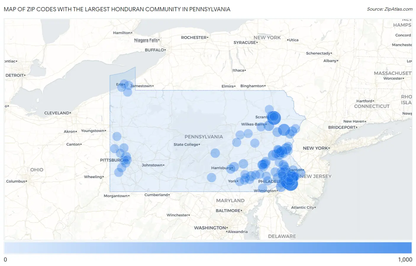 Zip Codes with the Largest Honduran Community in Pennsylvania Map