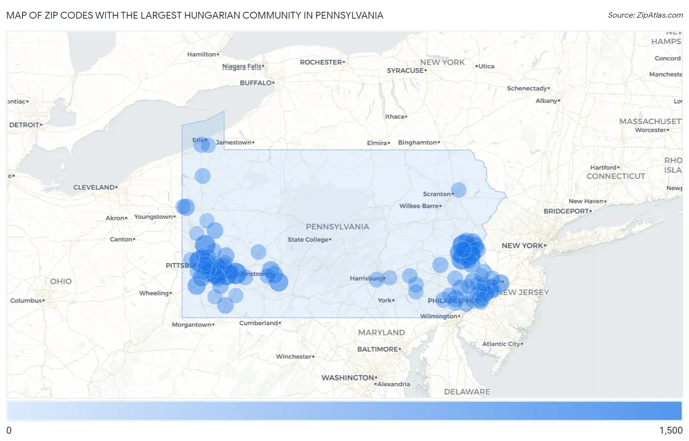 Zip Codes with the Largest Hungarian Community in Pennsylvania Map