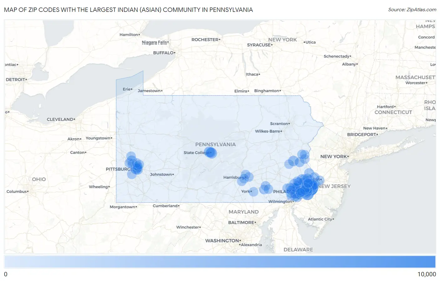 Zip Codes with the Largest Indian (Asian) Community in Pennsylvania Map