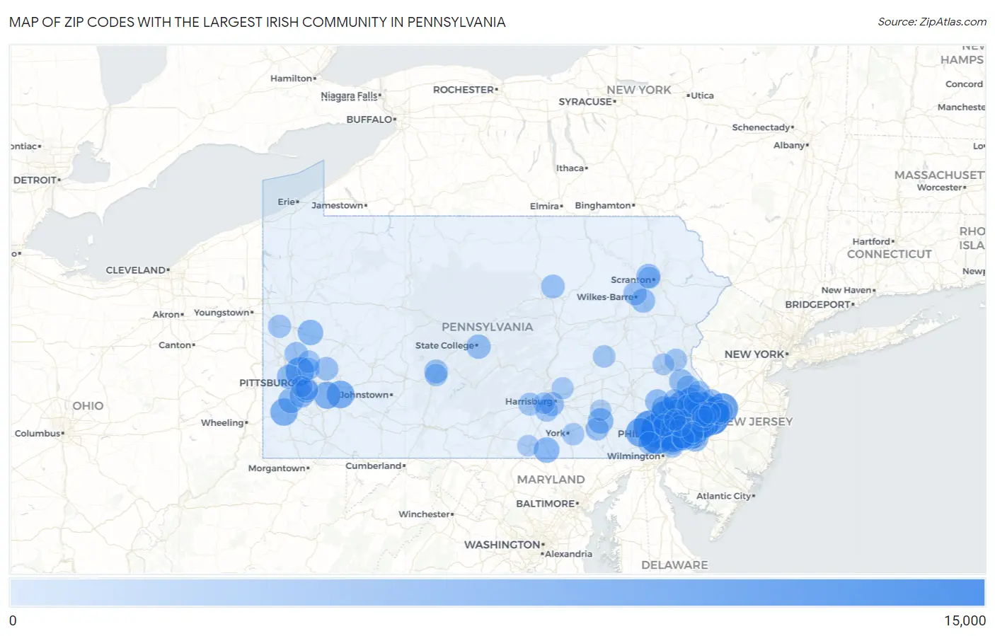 Zip Codes with the Largest Irish Community in Pennsylvania Map