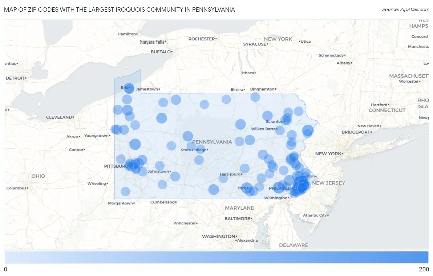 Zip Codes with the Largest Iroquois Community in Pennsylvania Map