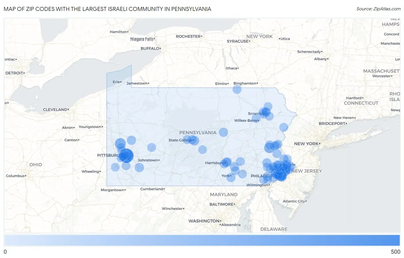 Zip Codes with the Largest Israeli Community in Pennsylvania Map