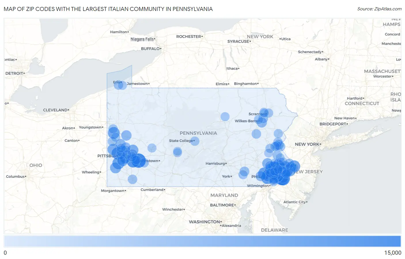 Zip Codes with the Largest Italian Community in Pennsylvania Map