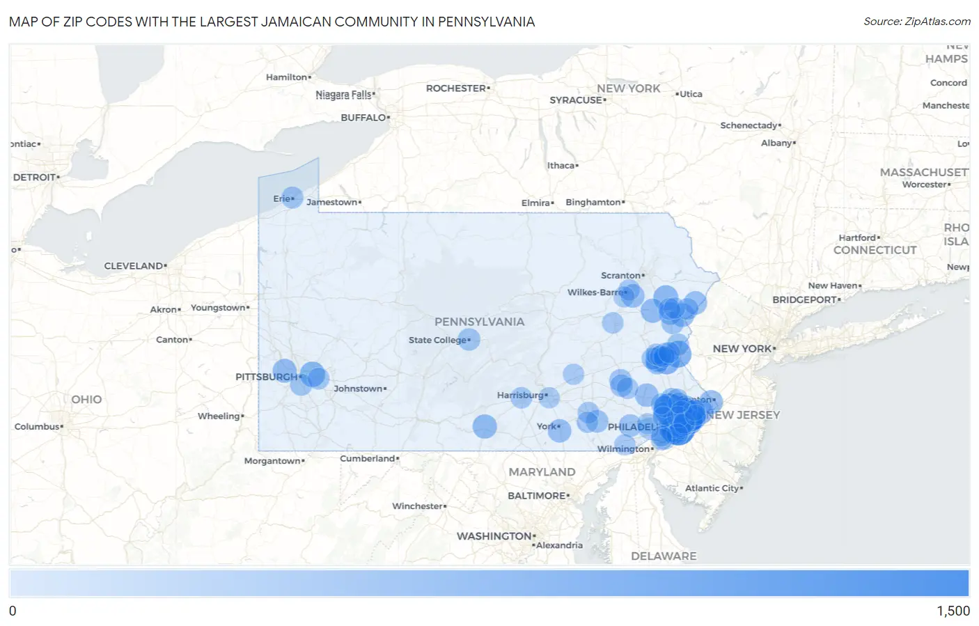 Zip Codes with the Largest Jamaican Community in Pennsylvania Map