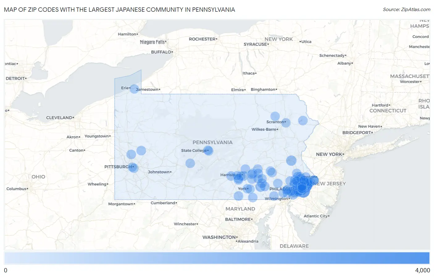 Zip Codes with the Largest Japanese Community in Pennsylvania Map