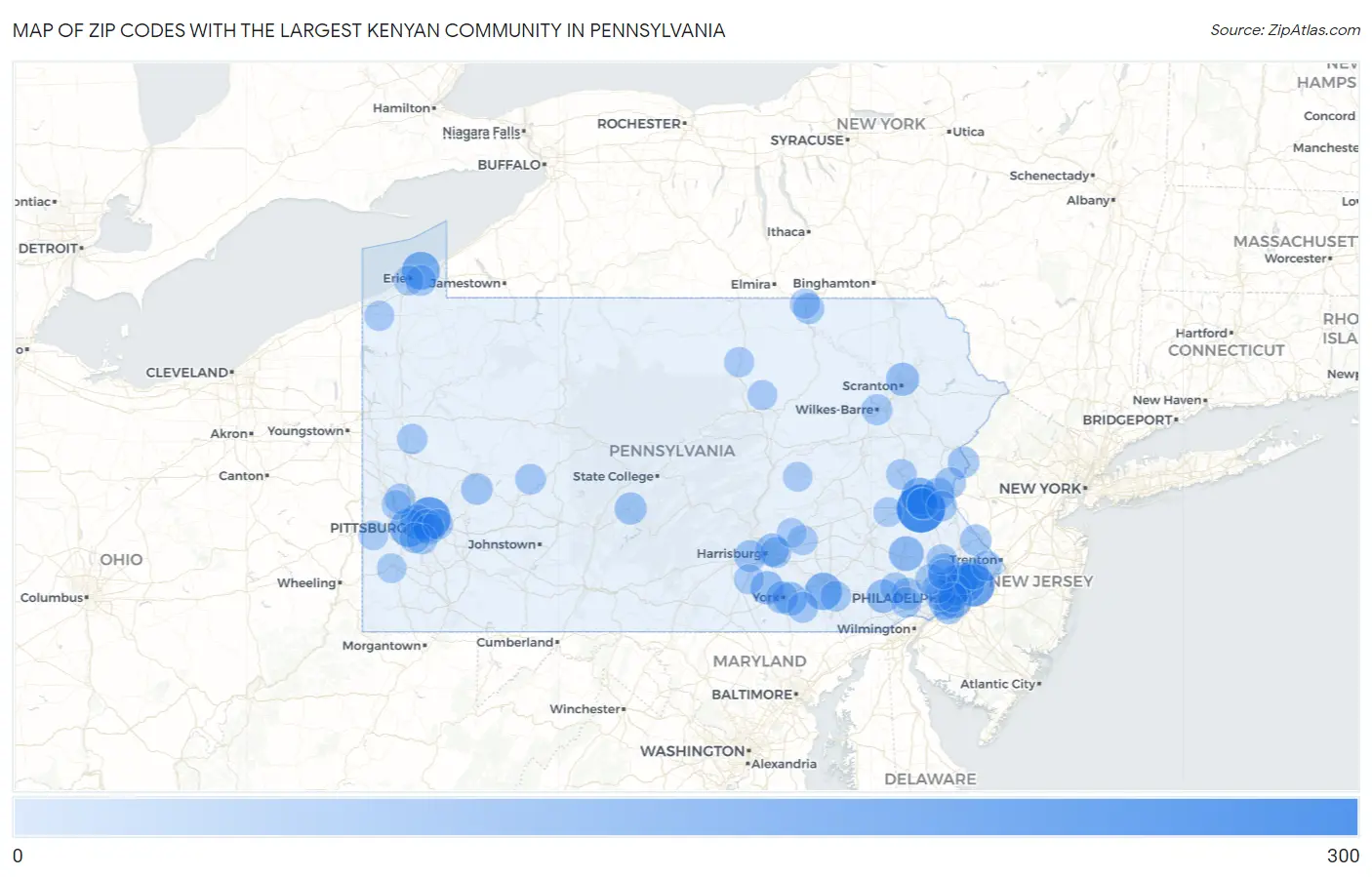 Zip Codes with the Largest Kenyan Community in Pennsylvania Map