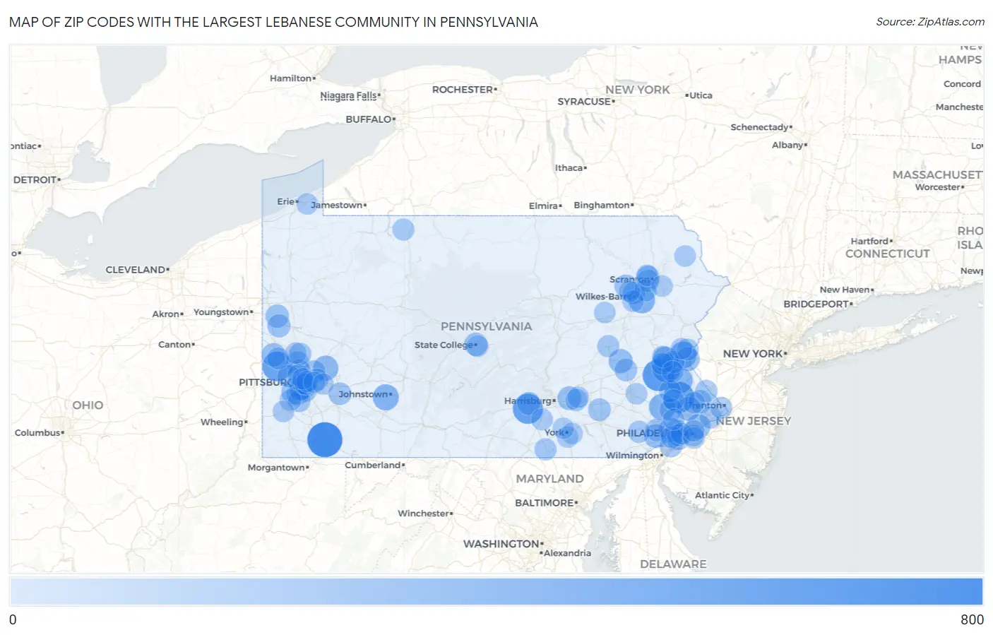 Zip Codes with the Largest Lebanese Community in Pennsylvania Map