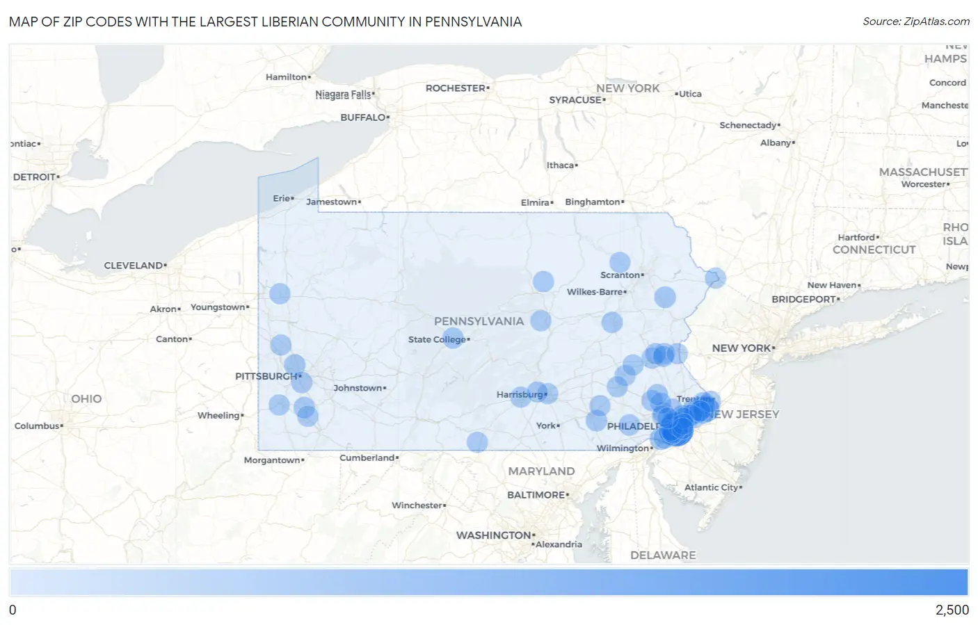 Zip Codes with the Largest Liberian Community in Pennsylvania Map