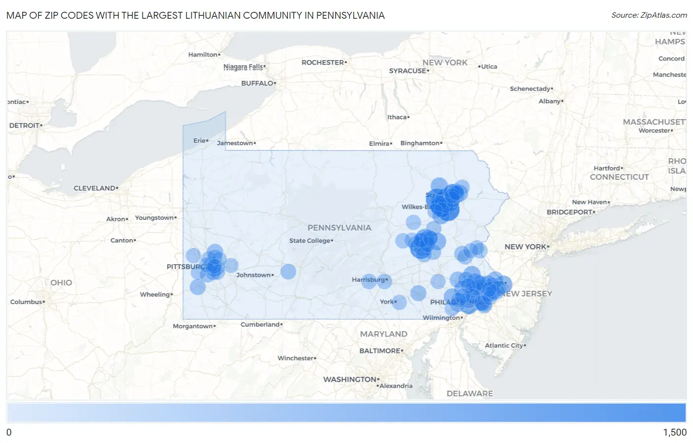 Zip Codes with the Largest Lithuanian Community in Pennsylvania Map