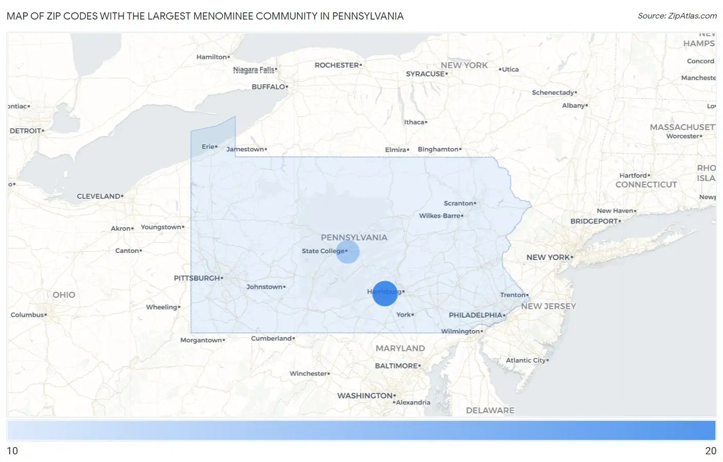 Zip Codes with the Largest Menominee Community in Pennsylvania Map