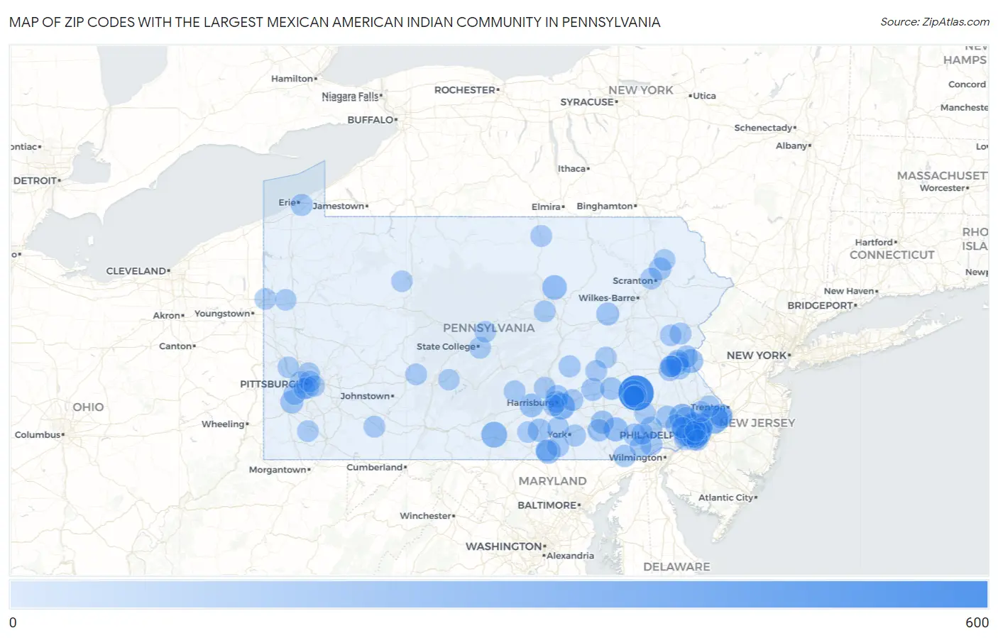 Zip Codes with the Largest Mexican American Indian Community in Pennsylvania Map