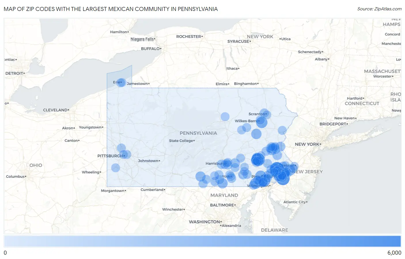 Zip Codes with the Largest Mexican Community in Pennsylvania Map