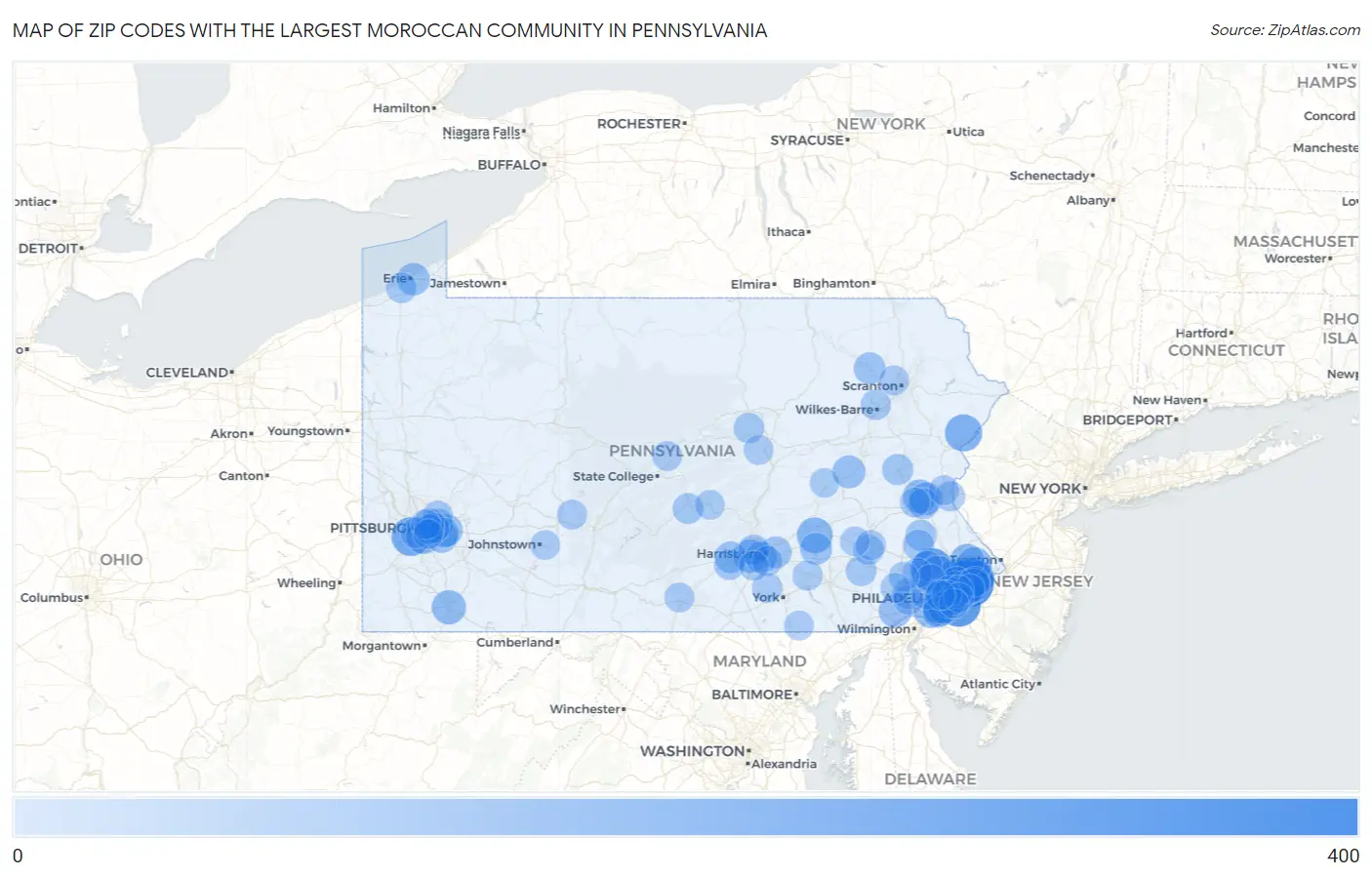 Zip Codes with the Largest Moroccan Community in Pennsylvania Map