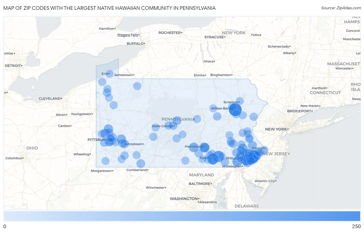 Zip Codes with the Largest Native Hawaiian Community in Pennsylvania Map