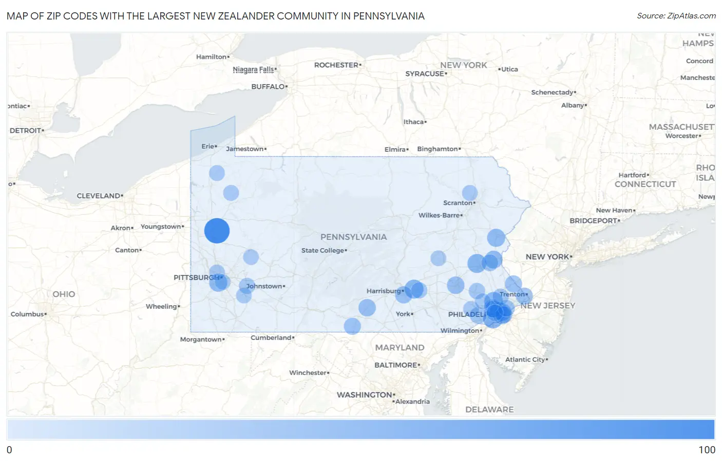 Zip Codes with the Largest New Zealander Community in Pennsylvania Map