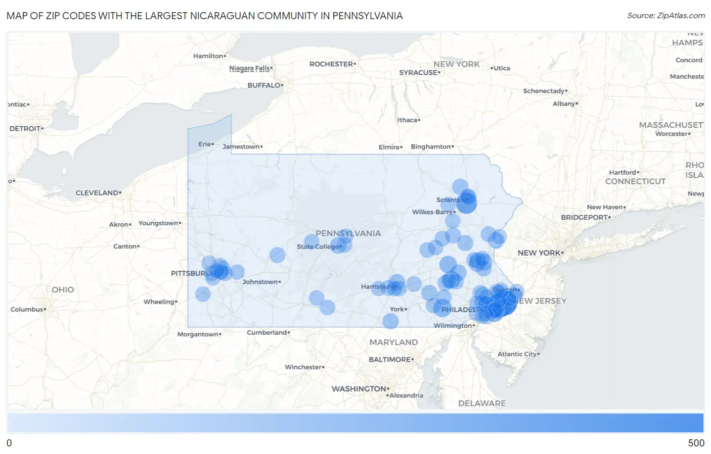 Zip Codes with the Largest Nicaraguan Community in Pennsylvania Map
