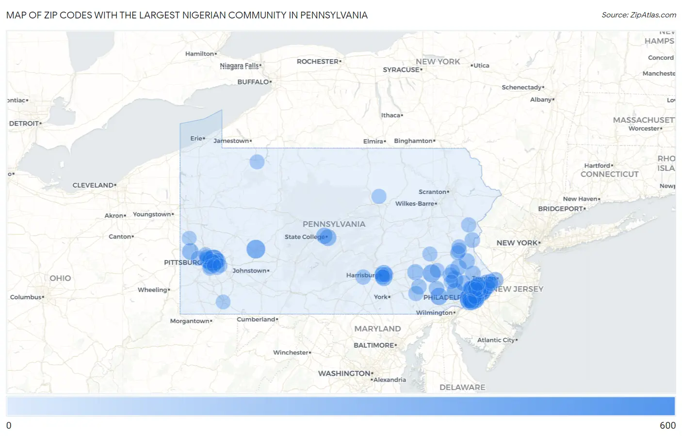 Zip Codes with the Largest Nigerian Community in Pennsylvania Map