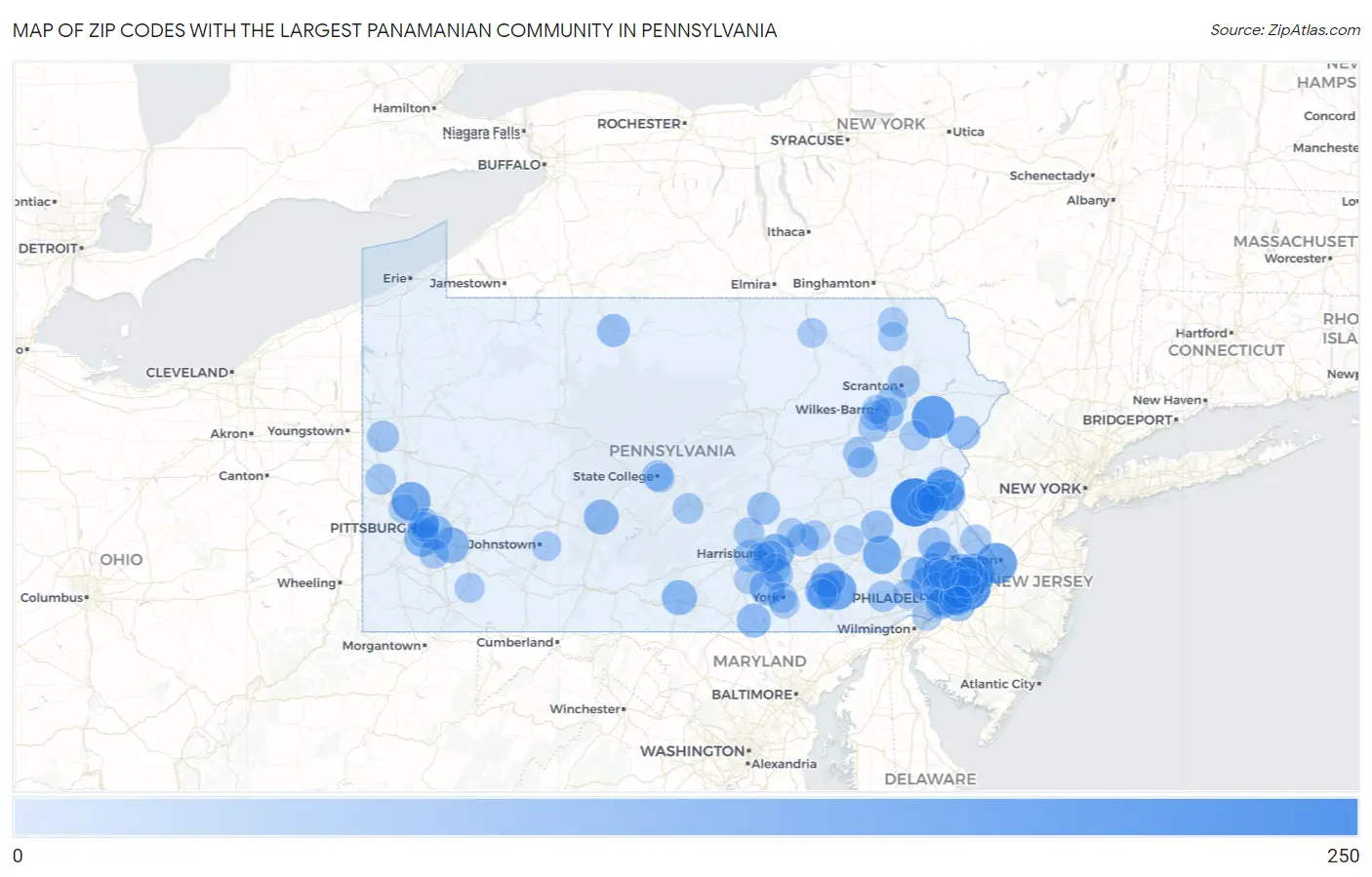 Zip Codes with the Largest Panamanian Community in Pennsylvania Map