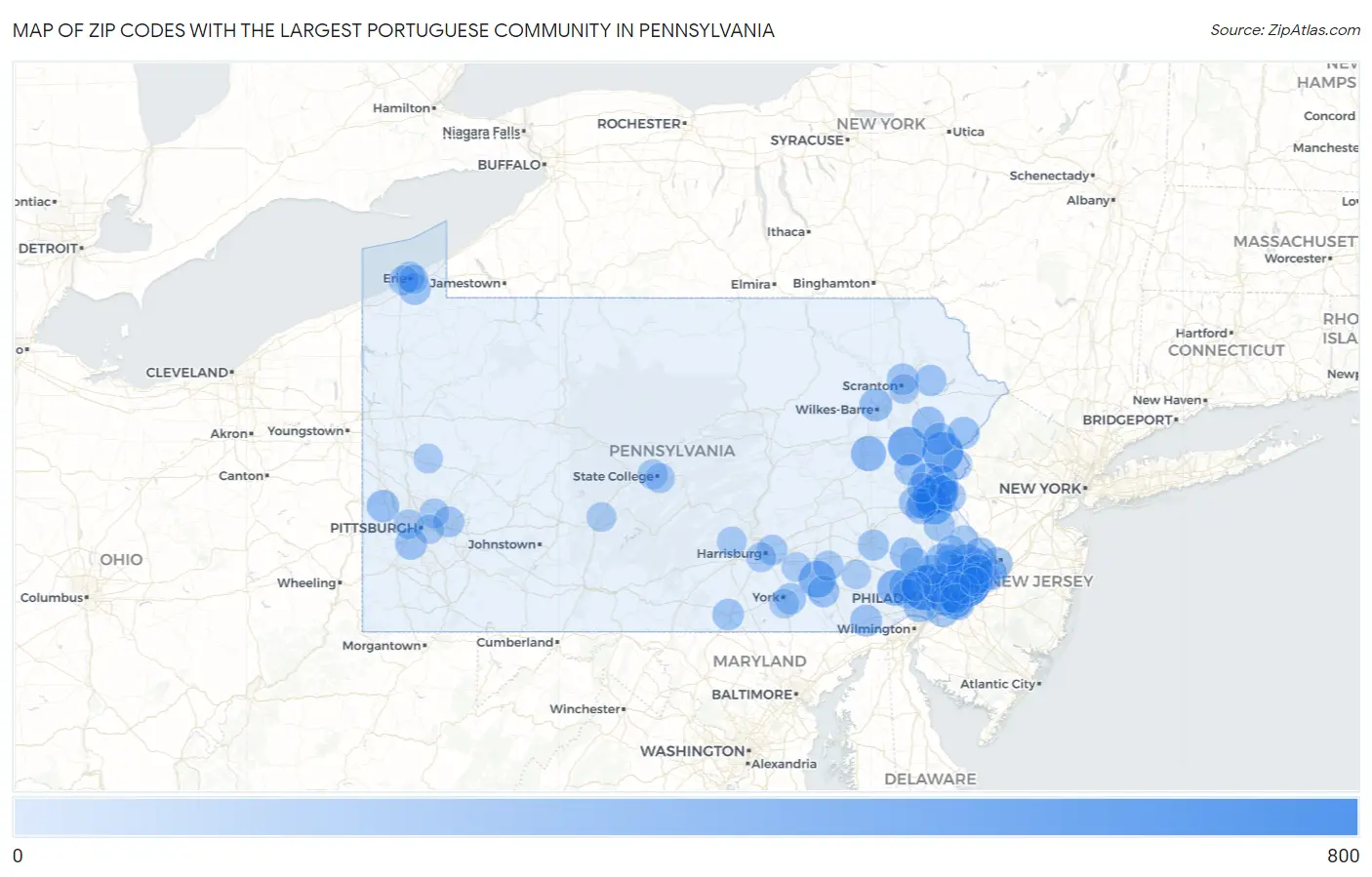 Zip Codes with the Largest Portuguese Community in Pennsylvania Map
