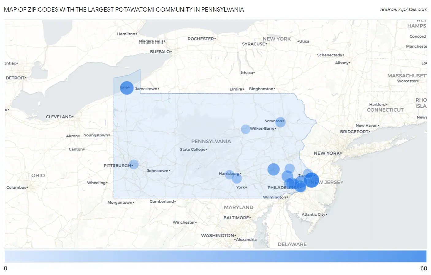 Zip Codes with the Largest Potawatomi Community in Pennsylvania Map