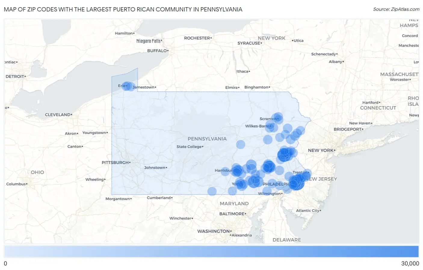 Zip Codes with the Largest Puerto Rican Community in Pennsylvania Map