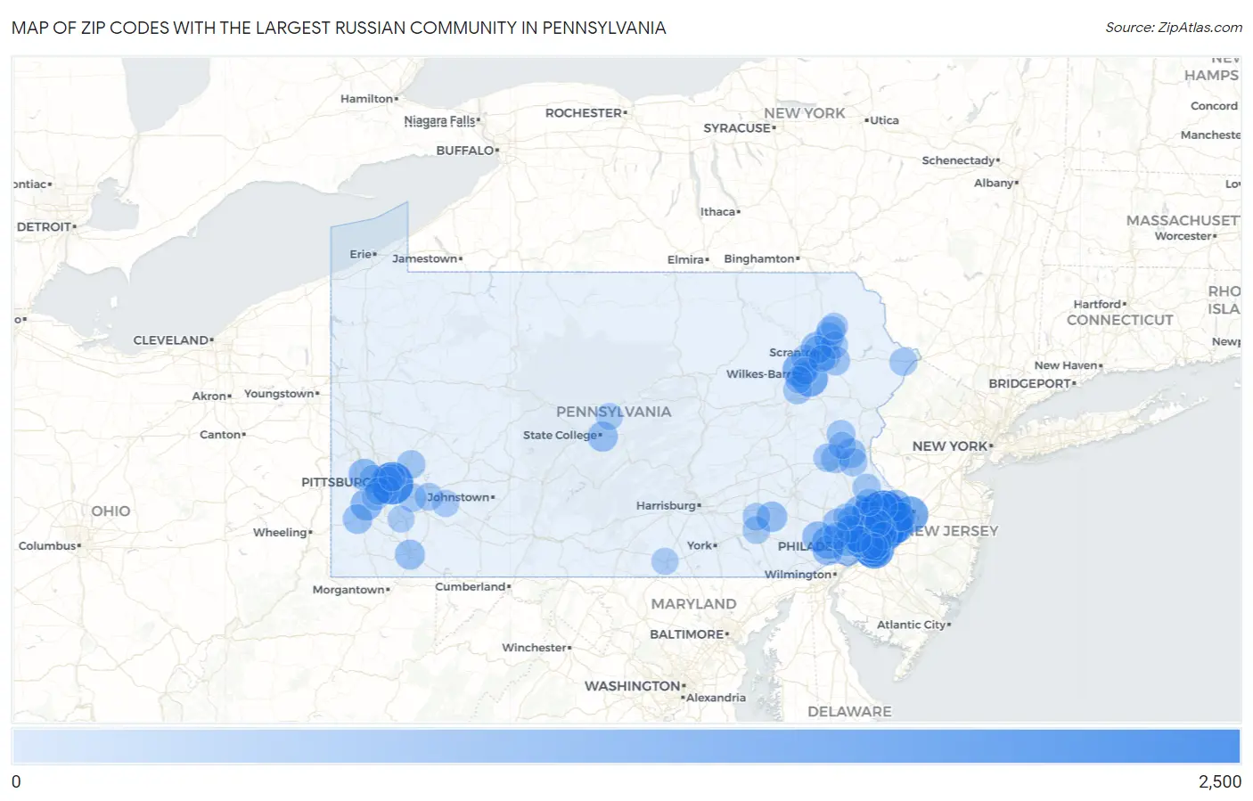 Zip Codes with the Largest Russian Community in Pennsylvania Map