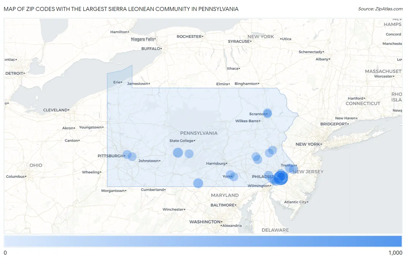 Zip Codes with the Largest Sierra Leonean Community in Pennsylvania Map