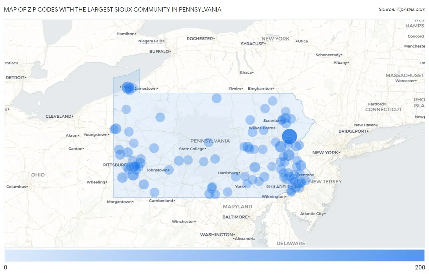 Zip Codes with the Largest Sioux Community in Pennsylvania Map