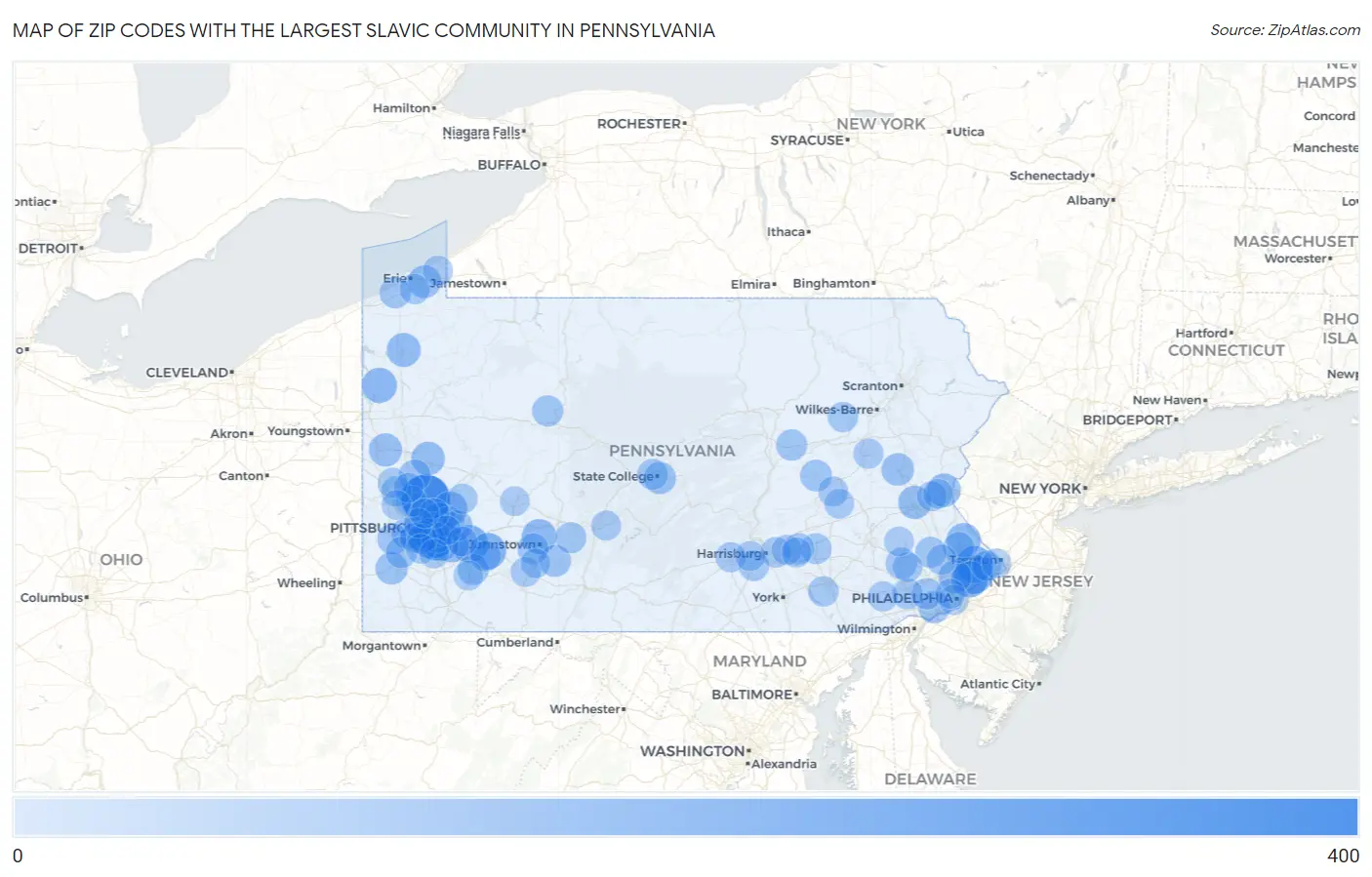 Zip Codes with the Largest Slavic Community in Pennsylvania Map