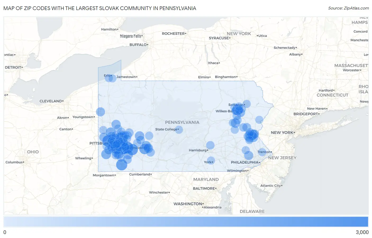 Zip Codes with the Largest Slovak Community in Pennsylvania Map