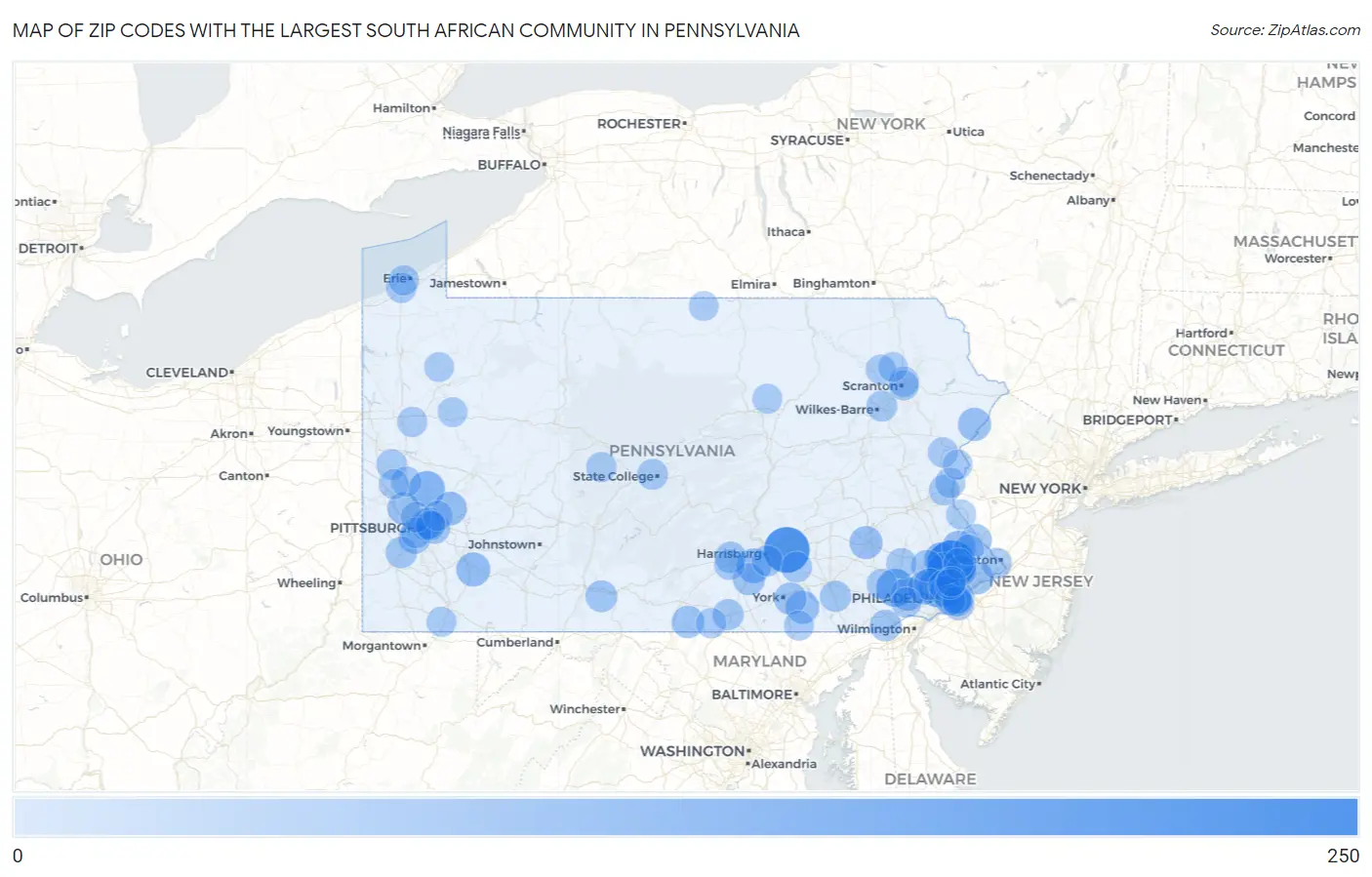 Zip Codes with the Largest South African Community in Pennsylvania Map