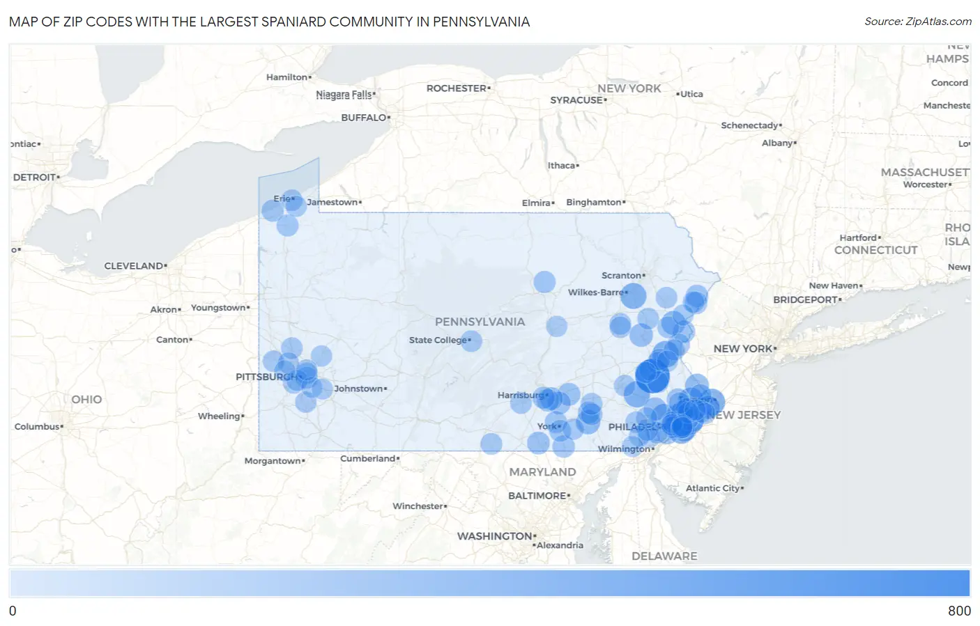 Zip Codes with the Largest Spaniard Community in Pennsylvania Map