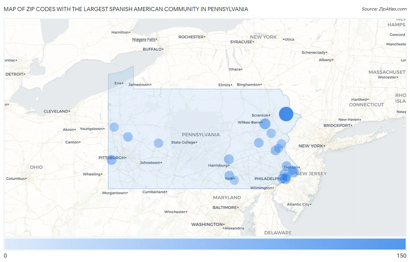 Zip Codes with the Largest Spanish American Community in Pennsylvania Map