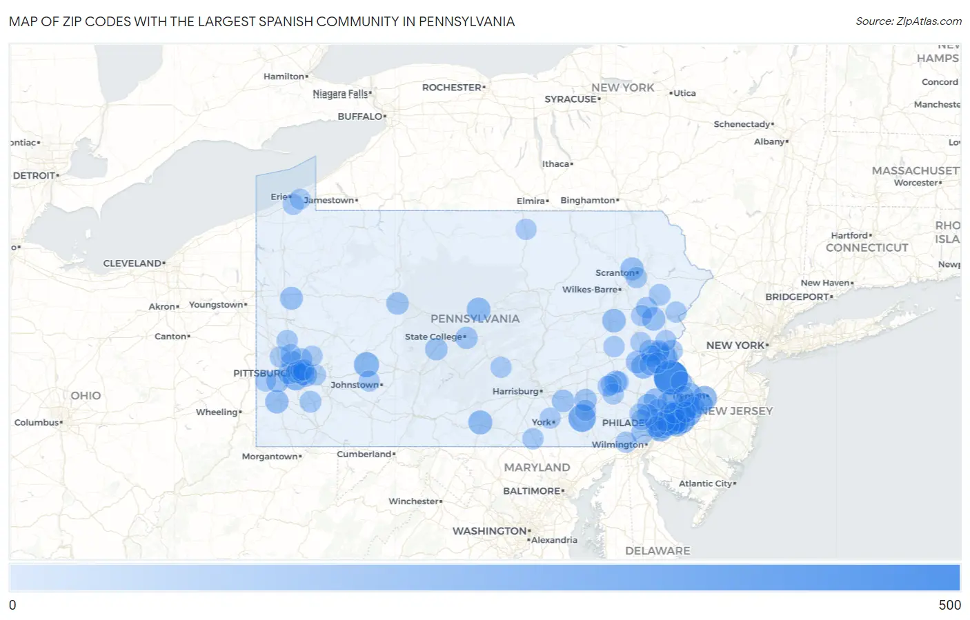 Zip Codes with the Largest Spanish Community in Pennsylvania Map