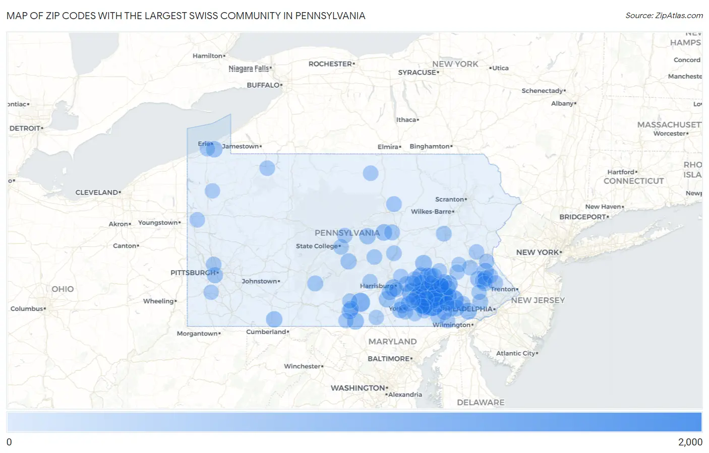 Zip Codes with the Largest Swiss Community in Pennsylvania Map
