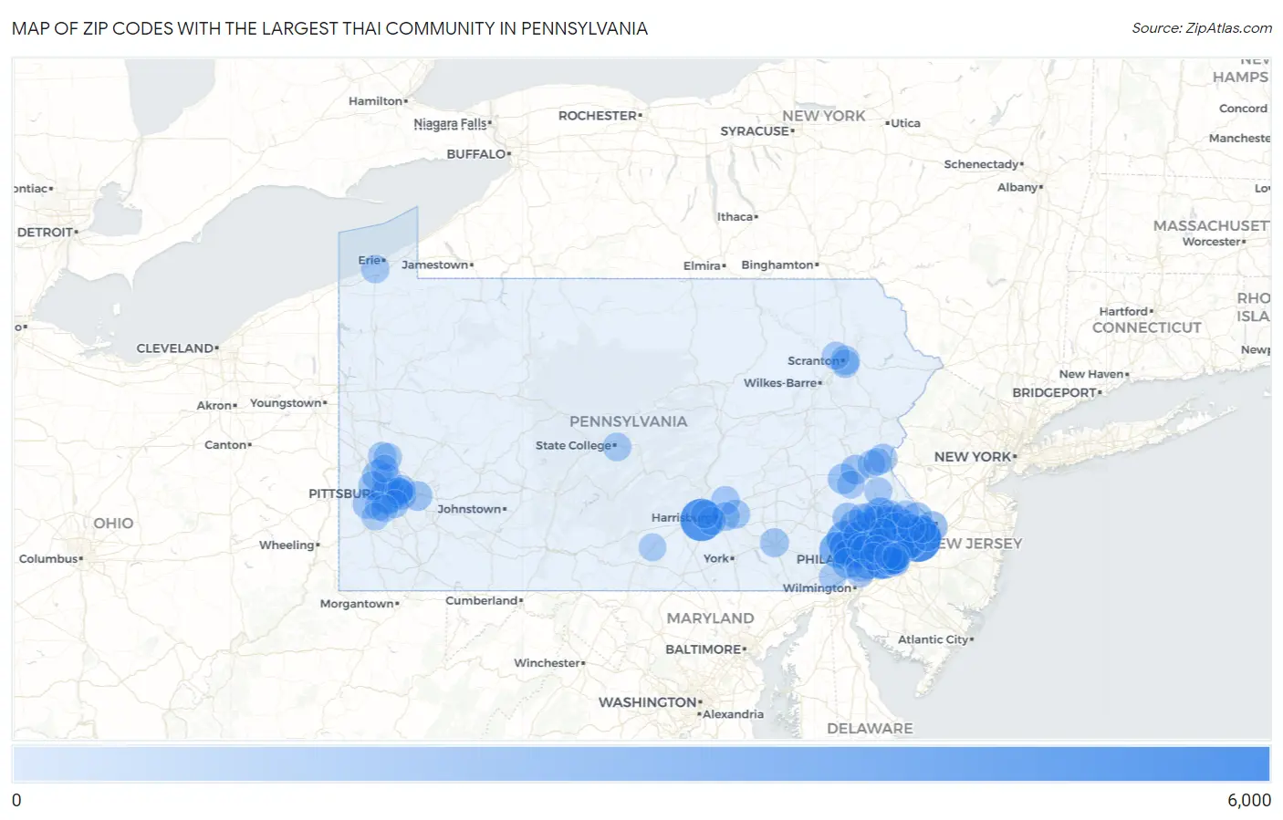 Zip Codes with the Largest Thai Community in Pennsylvania Map