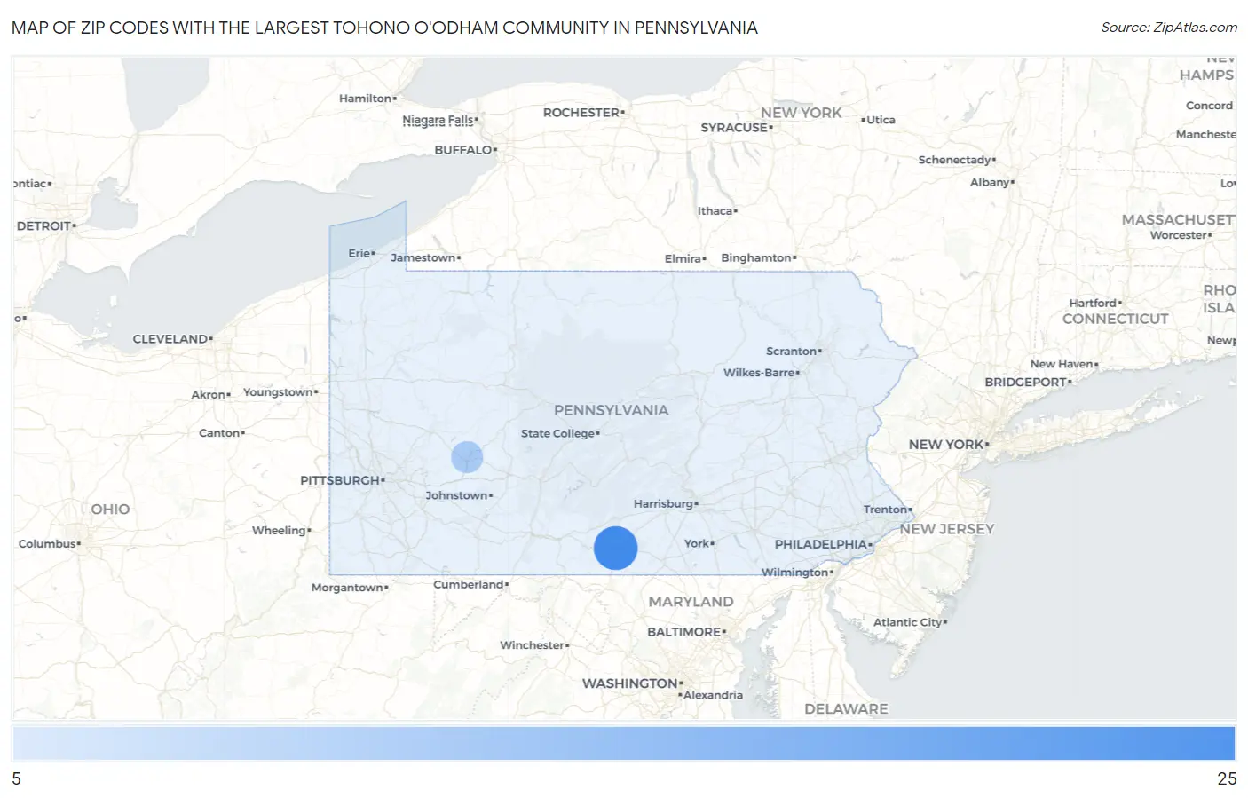 Zip Codes with the Largest Tohono O'Odham Community in Pennsylvania Map