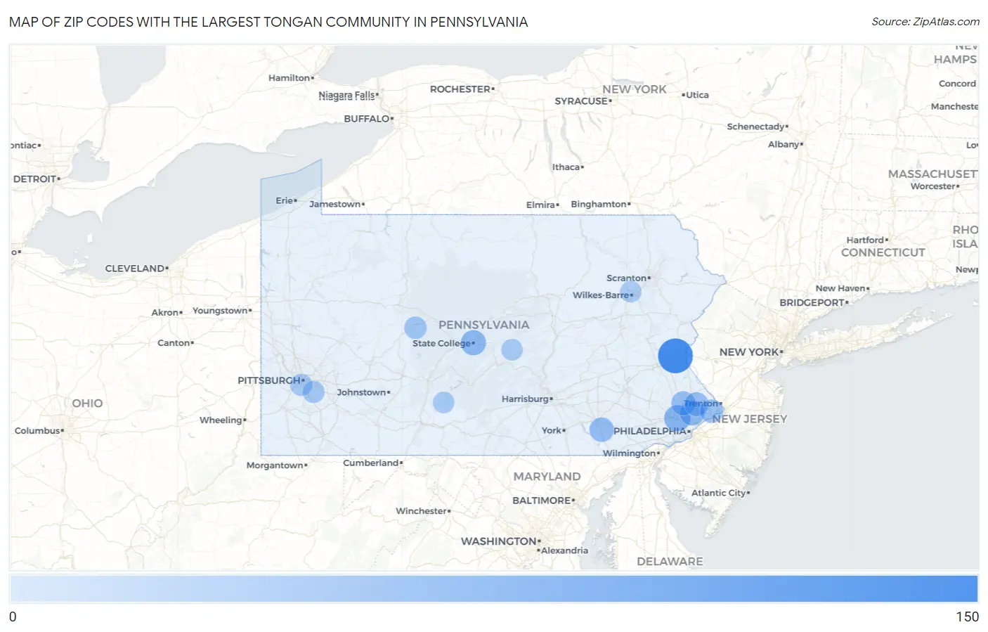Zip Codes with the Largest Tongan Community in Pennsylvania Map