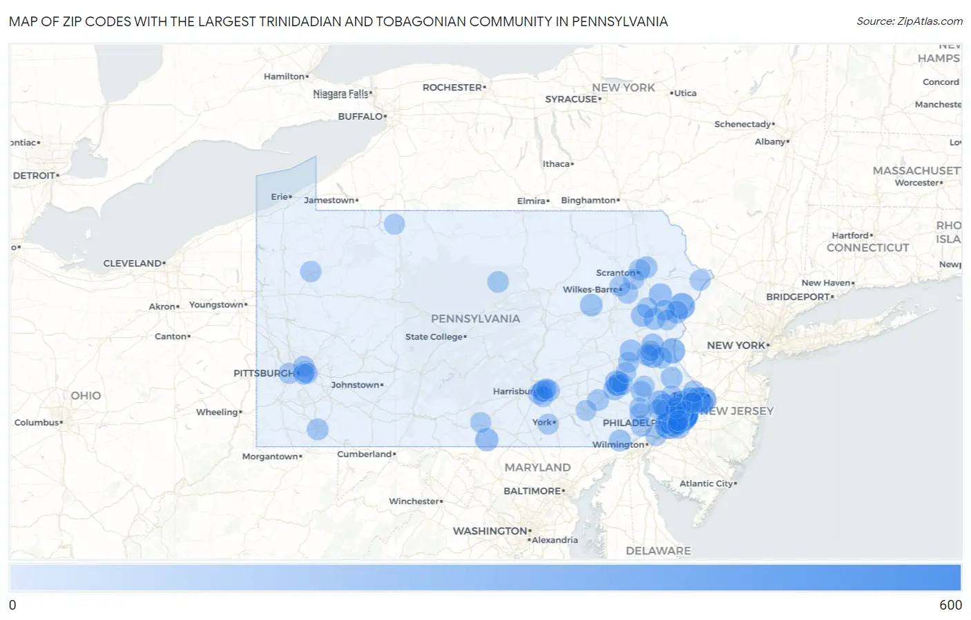 Zip Codes with the Largest Trinidadian and Tobagonian Community in Pennsylvania Map