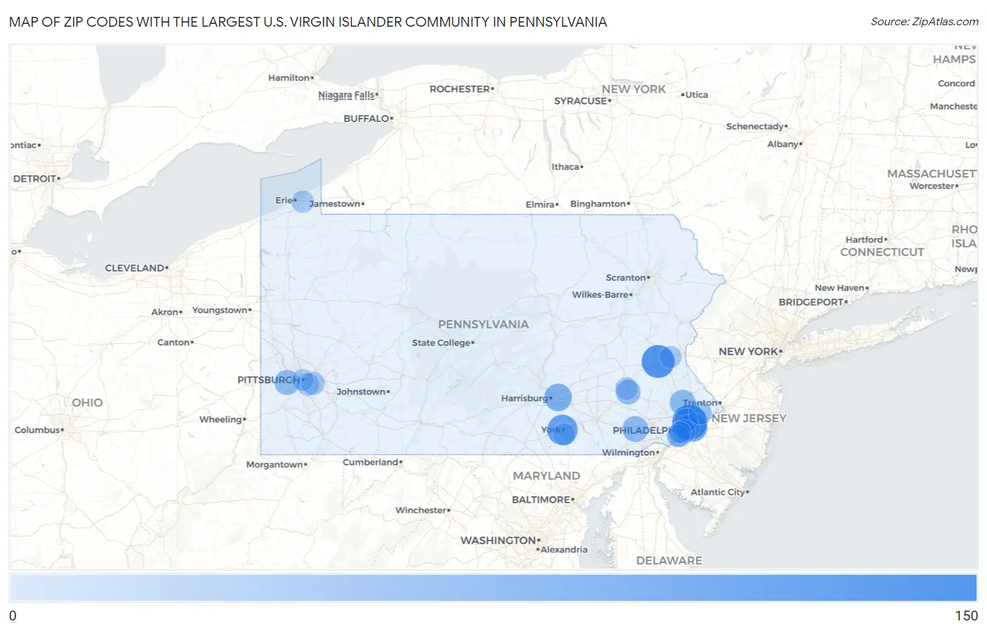 Zip Codes with the Largest U.S. Virgin Islander Community in Pennsylvania Map