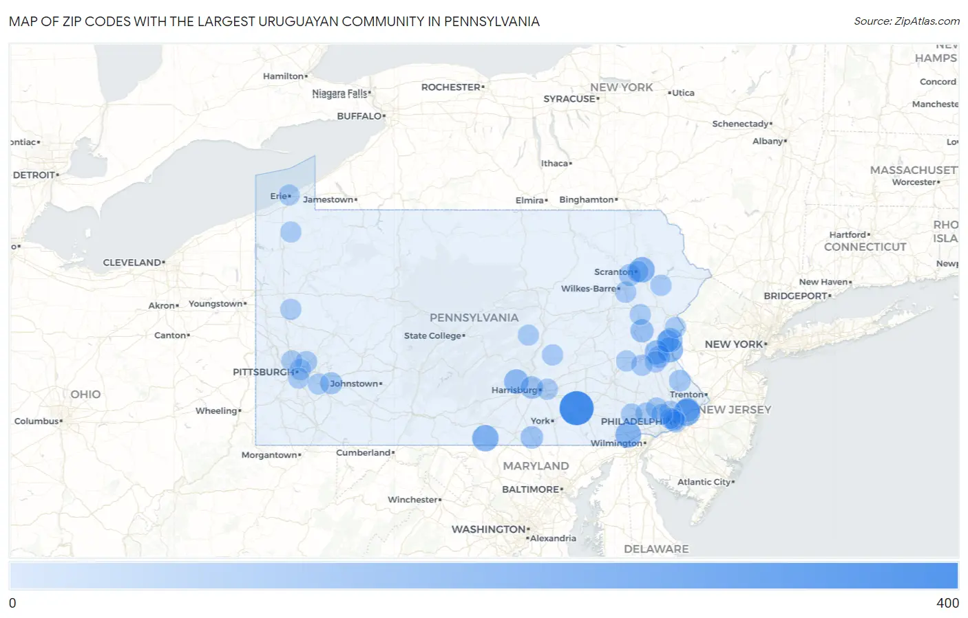 Zip Codes with the Largest Uruguayan Community in Pennsylvania Map