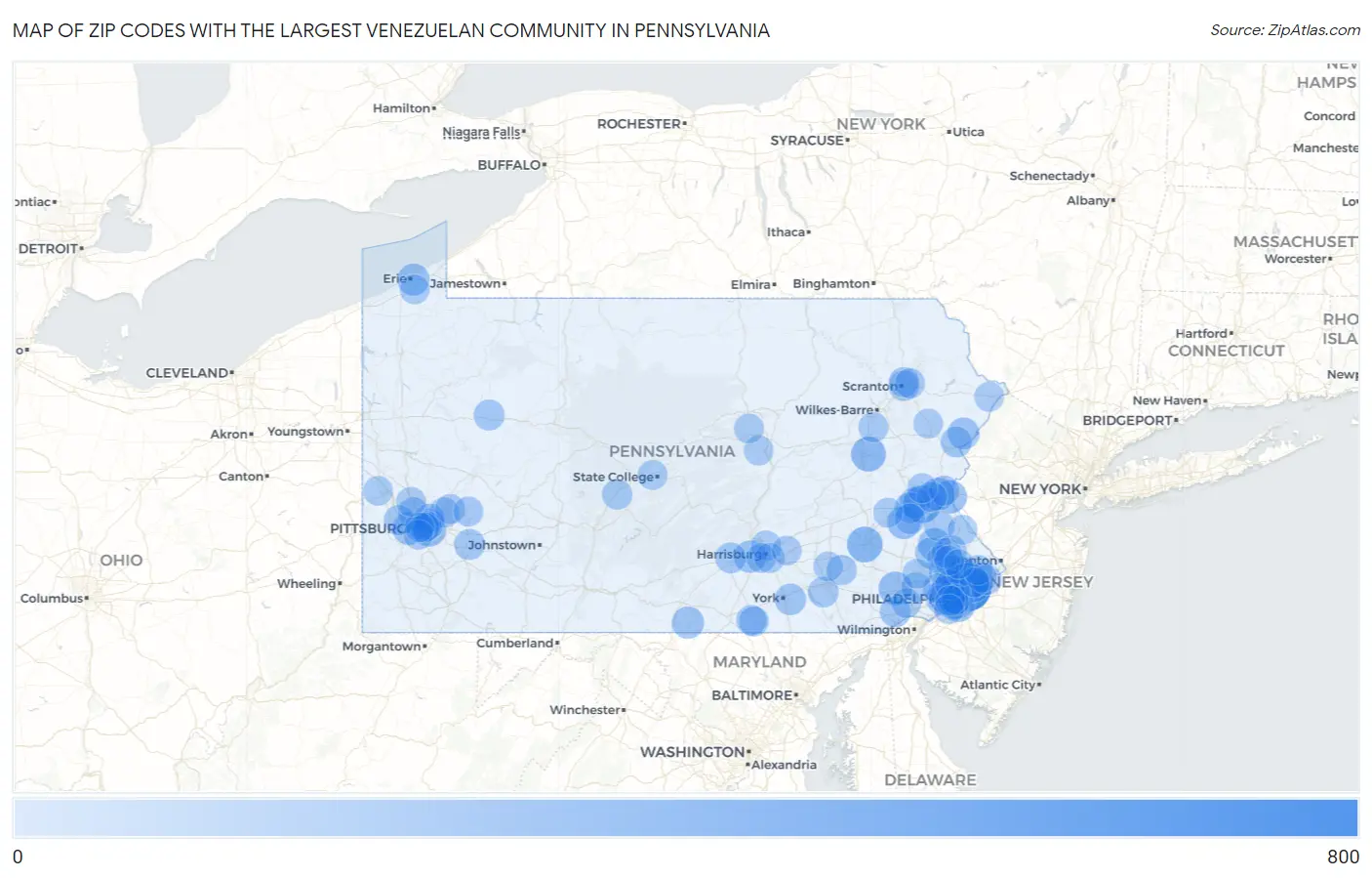 Zip Codes with the Largest Venezuelan Community in Pennsylvania Map