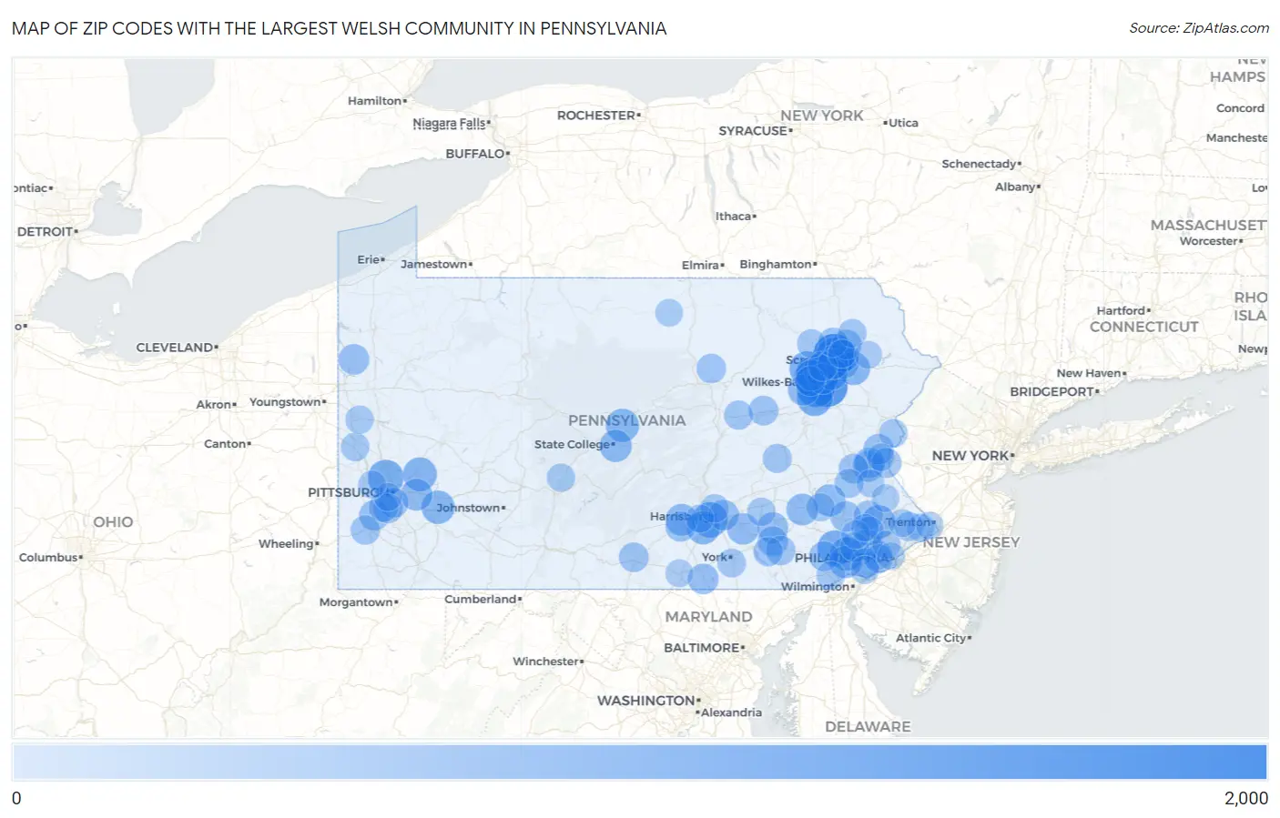 Zip Codes with the Largest Welsh Community in Pennsylvania Map