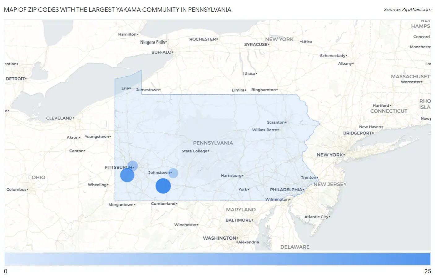 Zip Codes with the Largest Yakama Community in Pennsylvania Map