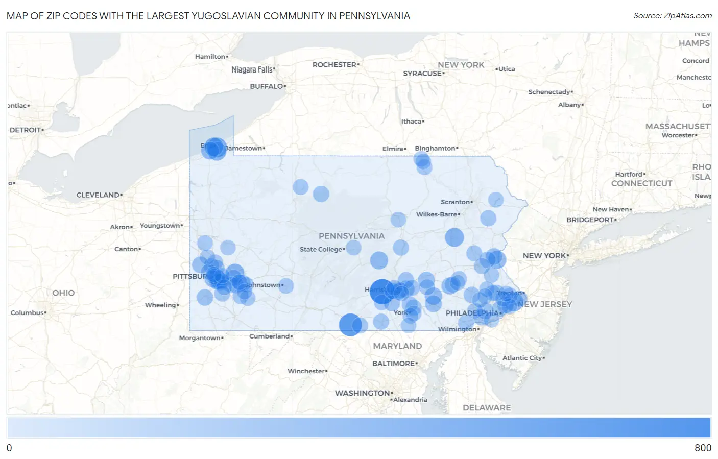 Zip Codes with the Largest Yugoslavian Community in Pennsylvania Map