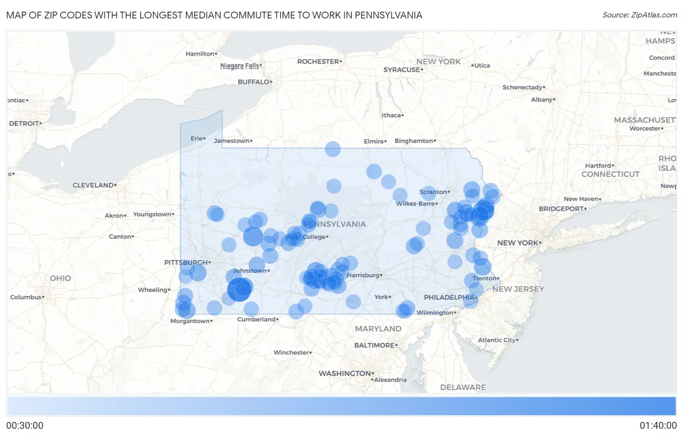 Zip Codes with the Longest Median Commute Time to Work in Pennsylvania Map