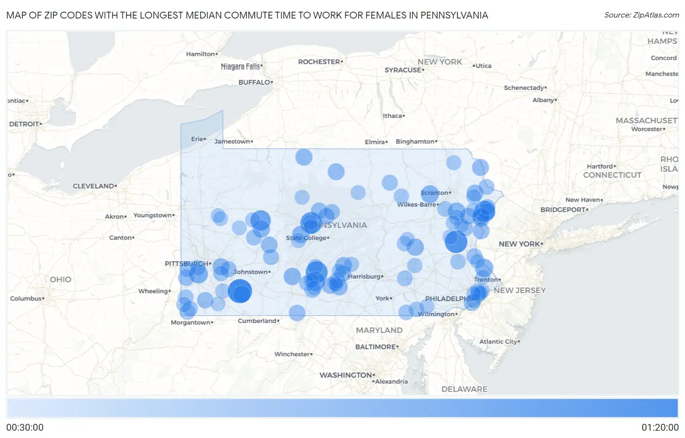 Zip Codes with the Longest Median Commute Time to Work for Females in Pennsylvania Map
